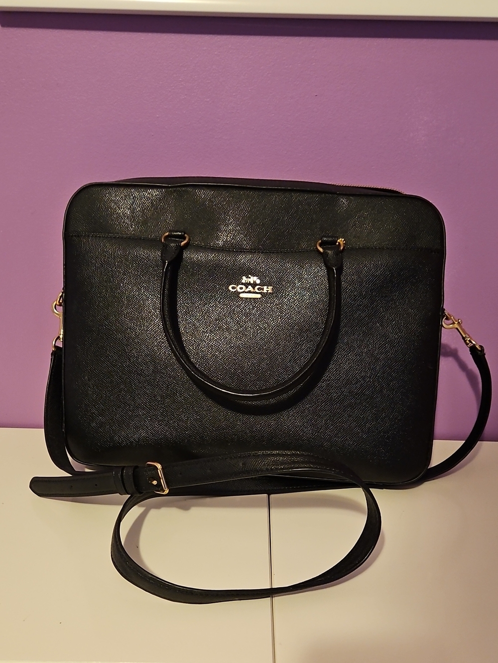 Coach Black Saffiano Leather Laptop Tote with Gold Hardware